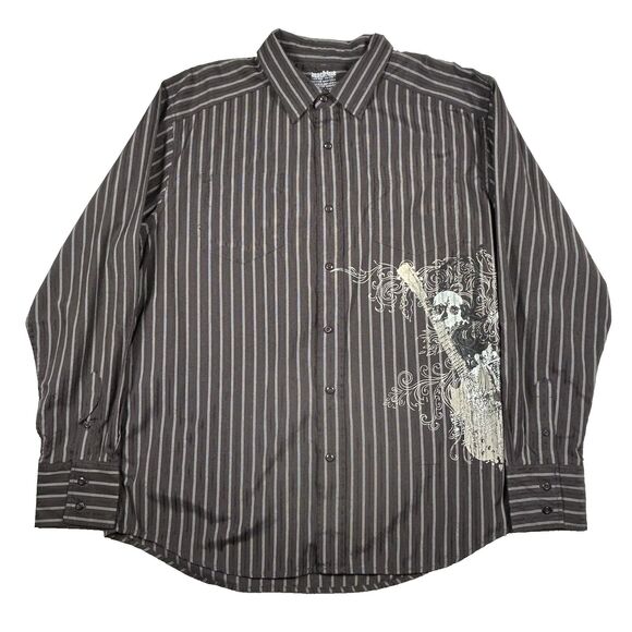 Machine Graphic Long Sleeve Button Down Men's XL Brown Shirt Guitar Skull Print - Picture 1 of 8